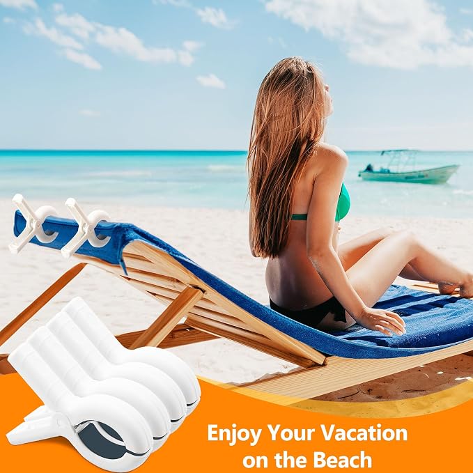 8 Pcs Beach Towel Clips for Beach Chairs, Towel Holder for Beach Chair Pool Chair on Cruise, Jumbo Size Heavy Duty Clothes Pins, Beach Chair Clips to Keep Your Towel from Blowing Away (White)
