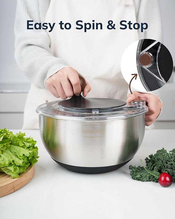 Stainless Steel Salad Spinner, 5.3 Qt Large Lettuce & Vegetable Cleaner with Non-Slip Bottom, Quick Stop Button, Dishwasher Safe Fruit Washer, BPA-free, Black