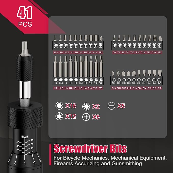 Torque Screwdriver Set 10-70 in-lb, Inch-Pound Torque Driver Kit | Adjustable, with S2 Steel Bits & Case, Prevents Over-Tightening for Scope Mounting, Electronics & Bicycle Maintenance, Red