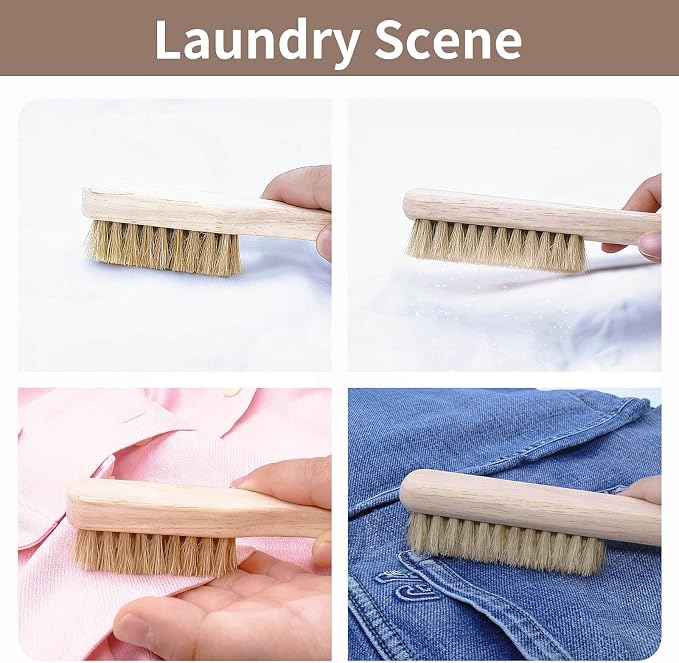 Large + Small Laundry Stain Brush Set with Soft Boar Bristles | Wooden Handle, Tough on Stubborn Stains, Gentle on Cotton, Linen, Knits, Large for Broad Surfaces, Small for Details