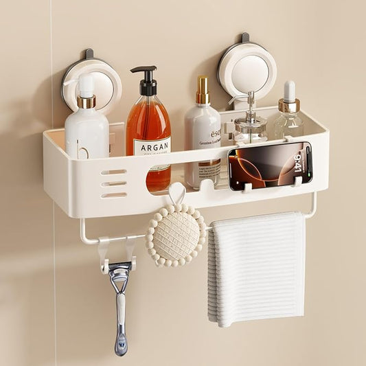 Voldra Shower Caddy Suction Cup, Shower Shelves for Inside Shower No Drilling, Aluminum Suction Showers Organizer for Wall with Towel Bar & Hooks Removable Bathroom Storage Rack(1 Pack-Cream White)