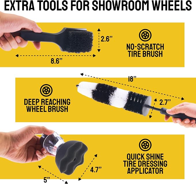 Car Detailing Brush Set 9-Pack with Tire and Wheel Brushes - Detail Dudes | 6-pc Scratch-Free Interior Boars Hair Brushes - 1-pc Exterior Tire Brush, Tire Dressing Applicator and Wheel Brush