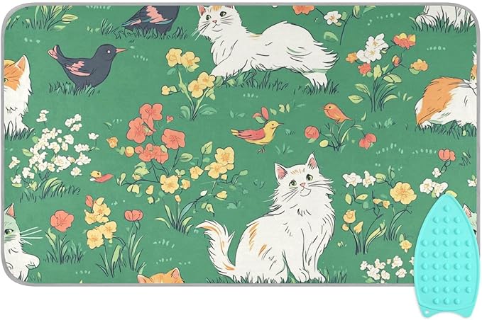 Green Spring Persian Cat and Hummingbird Ironing Mat Portable Ironing Pad Blanket with Silicone Iron Rest for Table Top Travel Heat Resistant Double-Side Using Large 47x28 Inch Foldable
