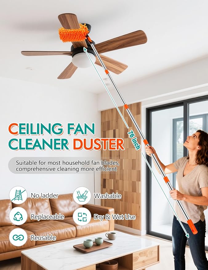 Ceiling Fan Cleaner Duster Kit, 180° Rotating 76" Long Handle | Ceiling Fan Blade Ceaner, Wall Mop Duster Cleaner Kit for Walls/Ceiling Fans/Dust/Baseboards/Floors/Blade Blinds/Doors