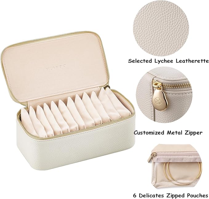 VLANDO Travel Jewelry Box Organizer – Portable PU Leather Jewelry Case with 6/8/12 Zippered Pouches, Compact Storage for Earrings Rings Necklaces Bracelets, Offwhite