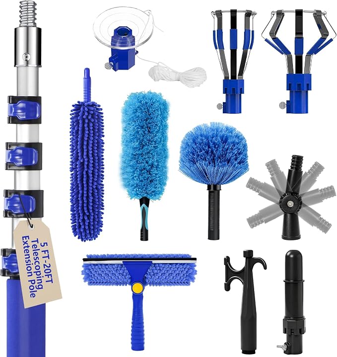 26FT Light Bulb Changer Kit with Ceiling Fan Cleaner Extension Pole Blue | Telescoping Lightbulb Changing Pole,Cobweb Brush Extendable Duster,Spider Web Brush and Window Squeegee Cleaning