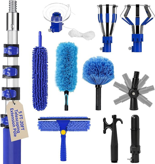 26FT Light Bulb Changer Kit with Ceiling Fan Cleaner Extension Pole Blue | Telescoping Lightbulb Changing Pole,Cobweb Brush Extendable Duster,Spider Web Brush and Window Squeegee Cleaning