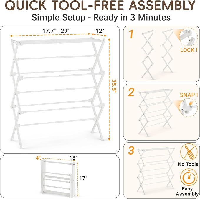 Foldable Clothes Drying Rack, Reinforced Joints, White | 35 lbs load, rustproof carbon steel, adjusts 17.7"-29"W, indoor & outdoor, tool-free