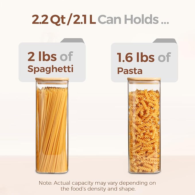 ComSaf Glass Spaghetti Pasta Storage Containers with Lids 2.2 Qt Set of 3, Tall Clear Airtight Food Storage Jar with Lid for Noodles Flour Oat Cereal Sugar Beans, Square Spaghetti Pantry Containers