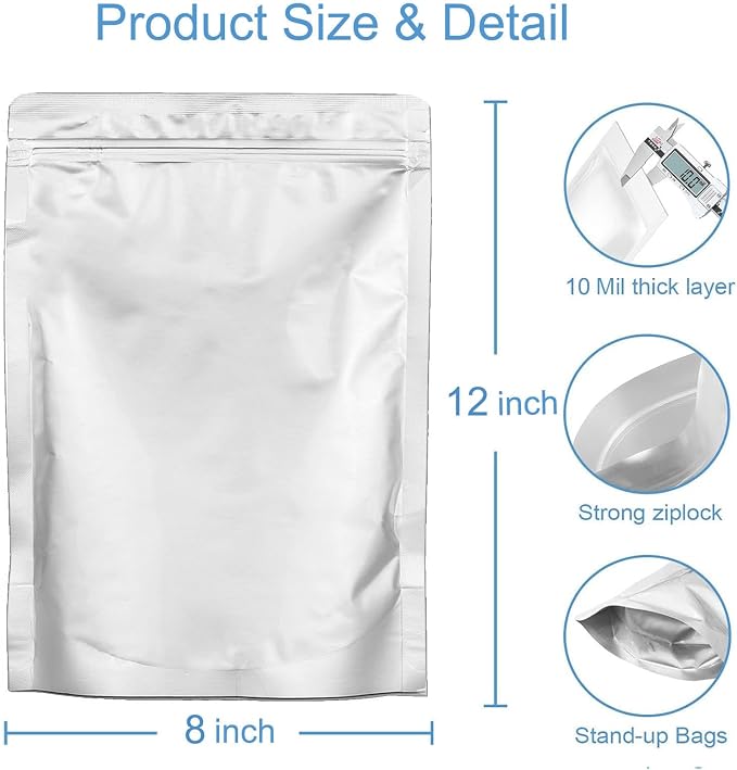 100pcs 2 QUART Mylar Bags for Food Storage - Thick 10 Mil - 8"x12" Stand Up Zipper Pouches Bags, Resealable and Heat Sealable Vacuum Sealing Bag for Long Term Food Storage