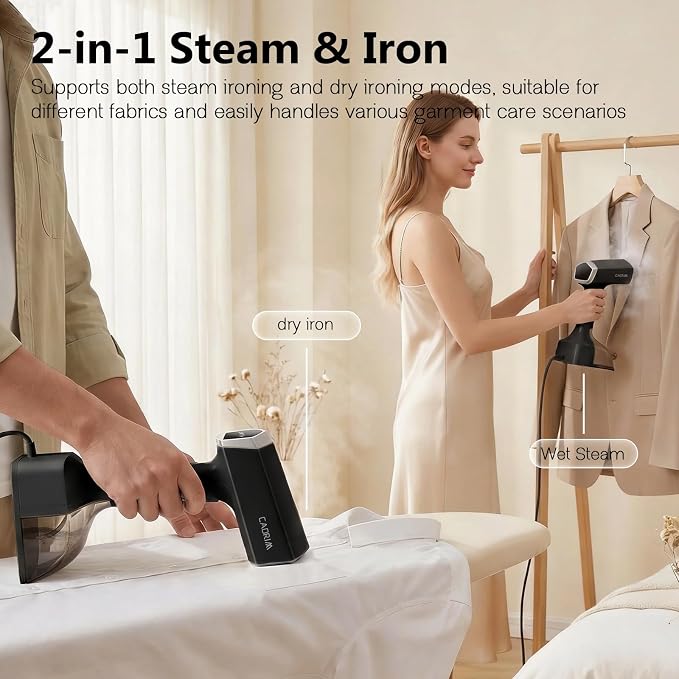 Cadrim Steamer for Clothes,Portable Handheld Fabric and Garment Steamer Iron Press Wrinkle Remover with Lint Remover & Fabric Brush – Black