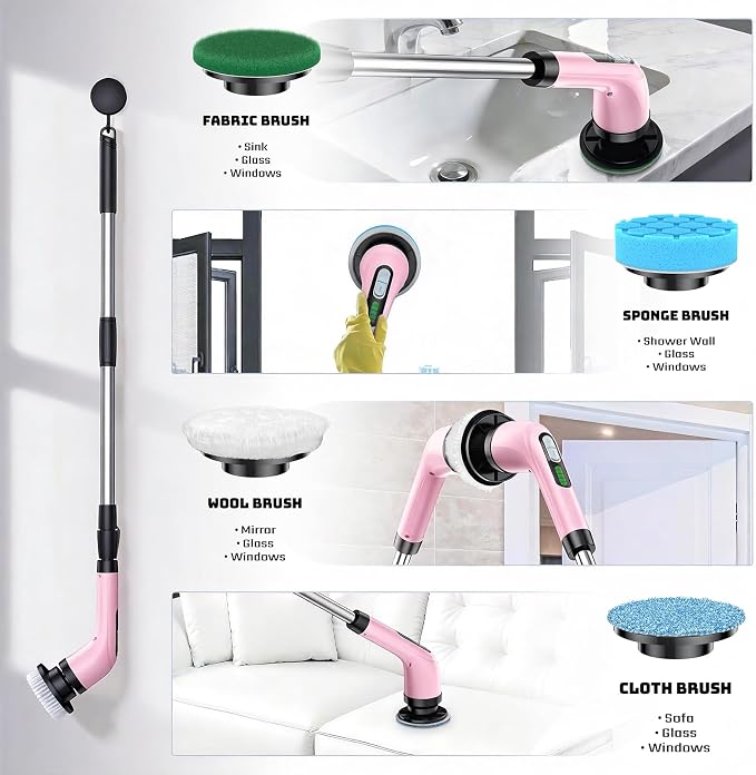 Electric Spin Scrubber, 2-Speed Cleaning Brush, Extendable Handle (Pink) | Includes 7 reusable brush heads and an IPX7-rated design for cleaning bathrooms, showers, kitchens, tile, floors, and grout