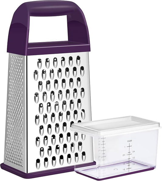 Urbanstrive Cheese Grater With Container, Professional Cheese Grater with Handle, Stainless Steel Graters for Kitchen Handheld, Box Grater with 4 Sides for Vegetables, Ginger, Potatoes (Purple)
