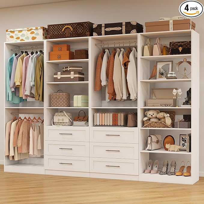 Closet System with 4 Sets, 8-21FT Closet Organizer Systems with 6 Drawers & 7 Hanging Rods & Adjustable Shelves, Walk in Closet Standalone Closet System Modular Closet System Set White