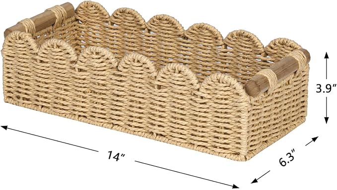 CubesLand Bathroom Basket Organizer, Toilet Tank Paper Storage Baskets 2PK | Scalloped Decorative Basket for Countertop w/Handle, Wicker Basket for Bathroom Decor, Home Decor, Living Room, Beige