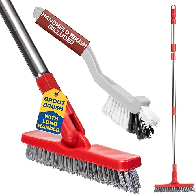 Foxtrot Living Grout Brush with Long Handle & Handheld Stiff Bristle Scrubber, V-Shaped Cleaner with Telescopic Handle for Easy Cleaning & Storage - Tile Floor Cleaning Brush