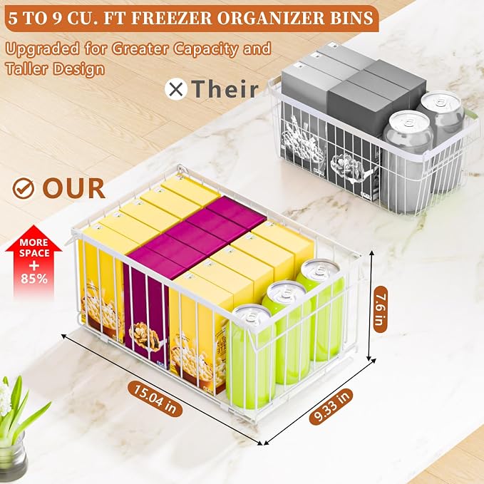 Large Freezer Organizer Bins, Upgrade Quick Expand/Collapse Feature, for 5-9 Cu.Ft Deep Freezer, 4 Pack Stackable Deep Freezer Organizer Bins, Black Wire Foldable Baskets White 6 Pack
