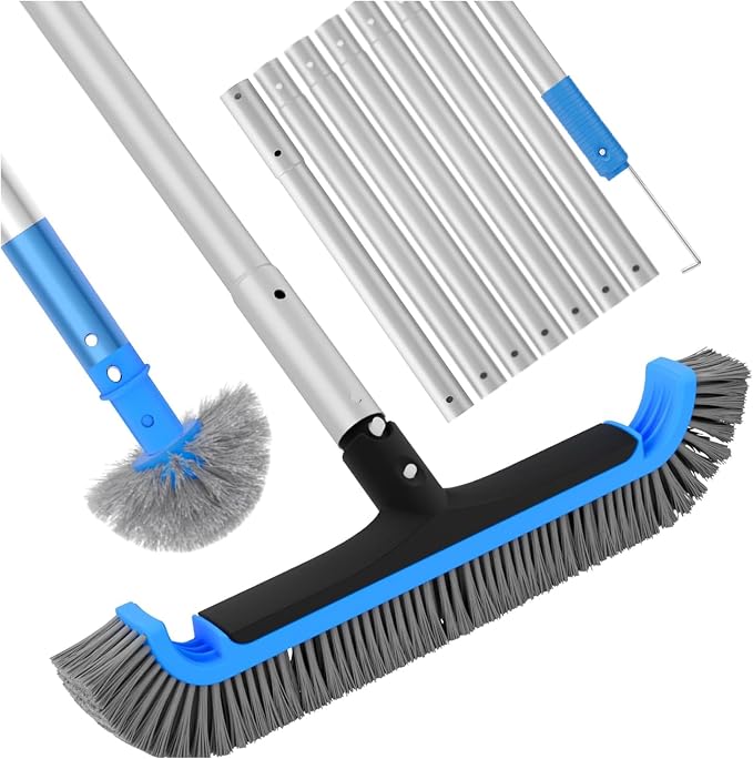 2 in 1 Pool Brush with Pole - 17.5'' Heavy Duty Swimming Pool Brush & Small Round Brush Head, 9 FT Aluminum Poles, Cleaning Inground & Above Ground Pools