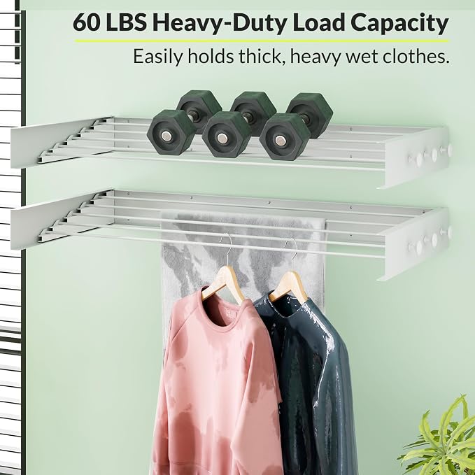 Collapsible Laundry Drying Rack Wall Mounted - 31.5 Inch Metal Clothing Drying Rack with 6 Hooks, Retractable Foldable Dry Racks for Laundry Drying Indoor, Heavy Duty Towel & Coat Hanger