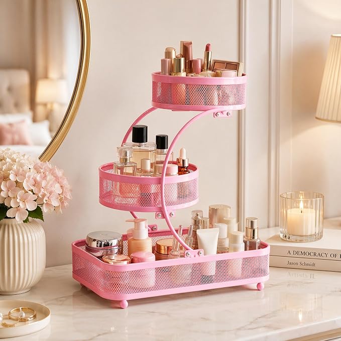 3 Tier Bathroom Counter Organizer-Perfume Organizer | Makeup Organizer For Vanity, Metal Shelf Organizer With Water-Resistant Open Design And Strong Load Capacity, Pink