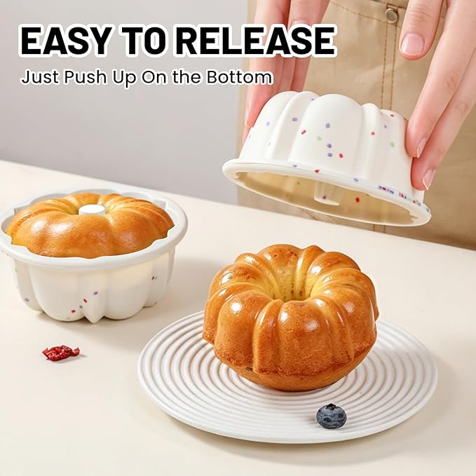 Vinino 4 Inch Silicone Fluted Tube Cake Pan with Reinforced Frame, 6-Pack | Mini Flan Molds for Baking Muffin, Jello, Pudding, Chocoflan, Nonstick Mini Cake Pan for Oven,Dishwasher Safe - Cream