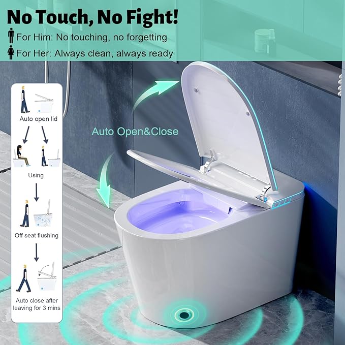 Smart Toilet with Bidet Built in, Bidet Toilet with Heated Seat and Night Light, Modern Tankless Toilet with UV for Bathroom, One Piece Toilets with Soft Close, Dryer, Foot Sensor, Auto Lid&Seat
