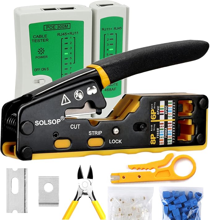 Solsop Pass Through RJ45 Crimp Tool Kit Ethernet Crimper | CAT5 Cat5e Cat6 Crimping Tool Kit