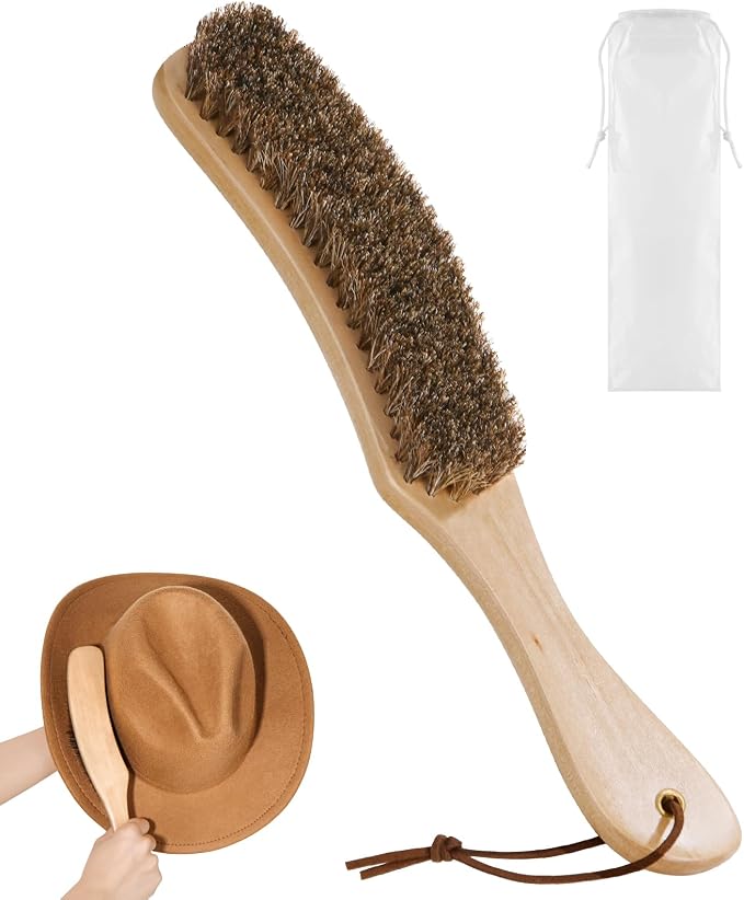 Cowboy Hat Brush Horsehair Cleaning Brush for Felt Hats Wool Suede Clothes | 100% Horsehair, Removes Dust, Lint, Pet Hair for Coats Suits Shoes Furniture Brim Edges Seams, with Wood Handle, Storage Bag