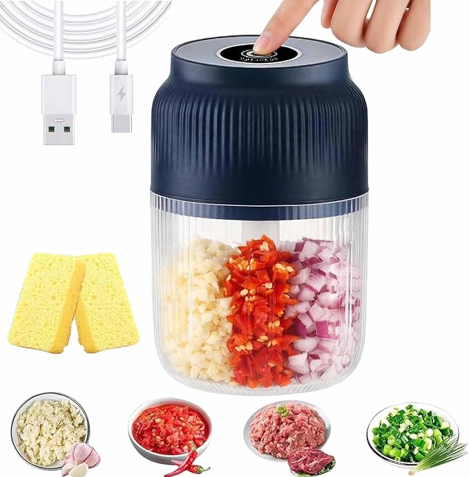 Household Electric Garlic Crusher, 400ml Mini Electric Food Chopper, Portable Mini Food Processor with 6 Blades, Wireless Electric Garlic Chopper for Ginger, Chili, Fruit, Meat, etc (4 Blades Blue)