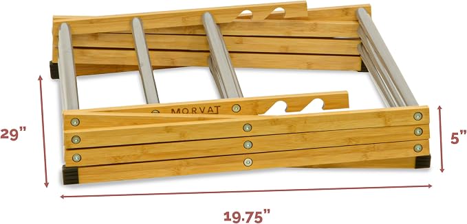 Morvat Premium Bamboo Wooden Folding Clothes Drying Rack with Metal Poles, Fully Assembled, Anti-Slip Grips, Adjustable Height, 11 Poles with 23FT of Drying Space for Laundry, Collapsible