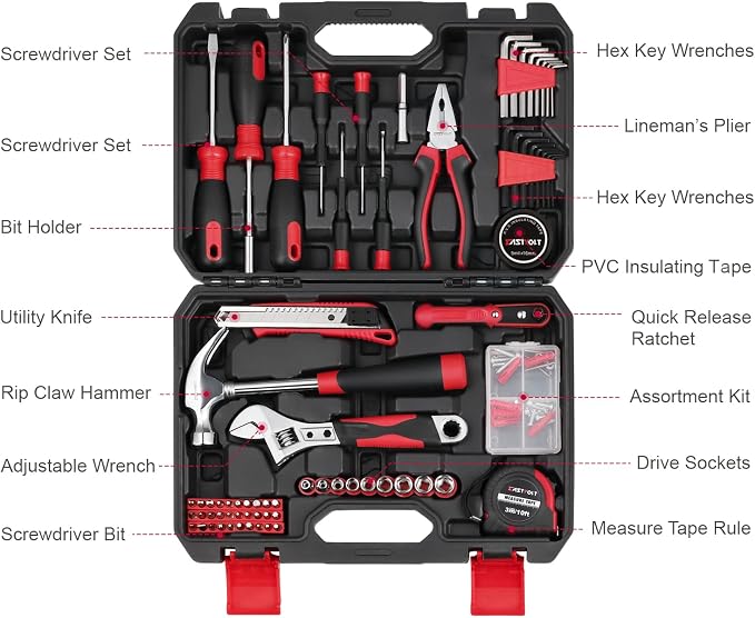 Eastvolt 128-Piece Home Repair Tool Set, Tool Sets for Homeowners, General Household Hand Tool Set with Storage Toolbox, EVHT12801, Black + Red (ASK01) (Pack of 5)