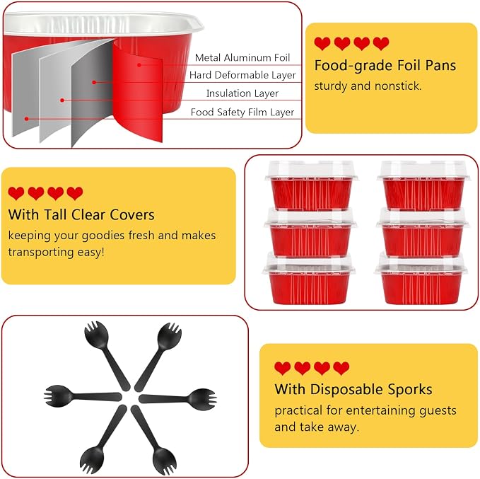 LNYZQUS Mini Cake Pans with Lids and Spoons,10oz Disposable Small Foil Baking Tins,40 Pack Individual Cake Containers for Home Bakers Bake Sales-Red,4x4 Square