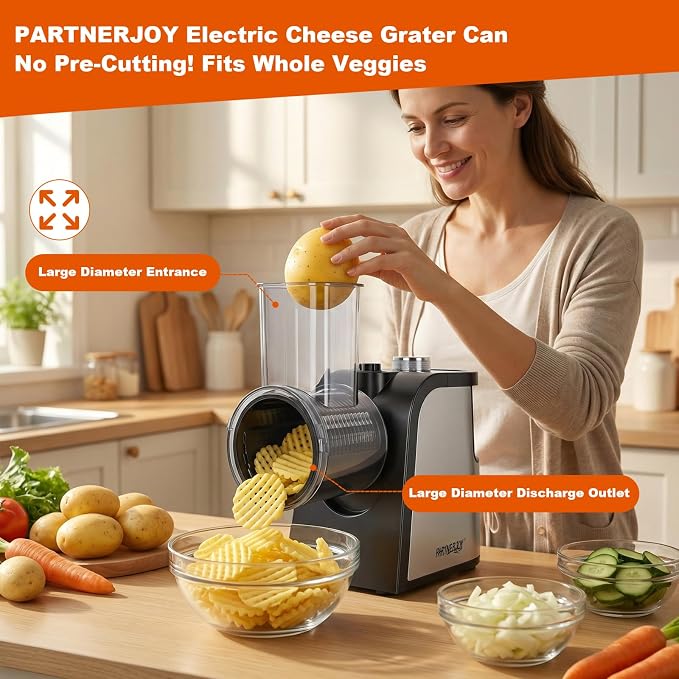 Electric Cheese Grater with Electric Dicing Function, 250W Professional Salad Maker & Electric Cheese Shredder, 5-in-1 Automatic Food Processor with Wide Feed Chute & 5 Stainless Steel Blades