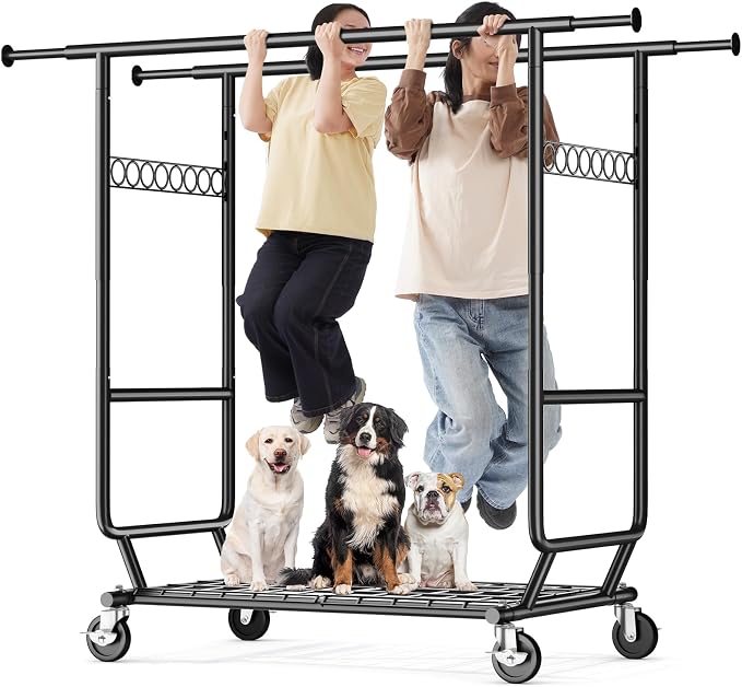 HOKEEPER Clothes Rack Load 650 LBS Collapsible Clothing Rack Double Rod | Black 22"D*75"W*68"H, Adjustable Heavy Duty Garment Rack for Hanging Clothes Rolling Commercial Closet Rack with Shelves
