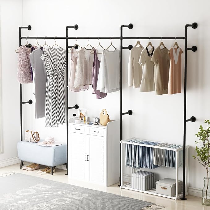 ORSENIGO Industrial Pipe Clothing Rack, Heavy Duty Clothes Rack for Hanging Clothes, Wall Mounted Display Garment Rack for Home Retail Boutique (Three, Black)