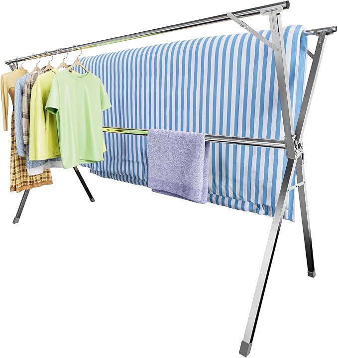79" Clothes Drying Rack,Laundry Drying Rack Clothing for Indoor Outdoor | Adjustable Heavy Duty Stainless Steel Drying Rack, Foldable Portable Large Clothes Rack Garment Rack with 20 Windproof Hooks