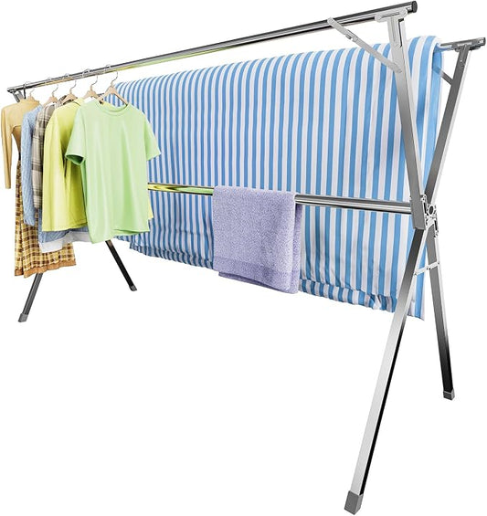 95" Clothes Drying Rack,Laundry Drying Rack Clothing for Indoor Outdoor | Adjustable Heavy Duty Stainless Steel Drying Rack, Foldable Portable Large Clothes Rack Garment Rack with 20 Windproof Hooks
