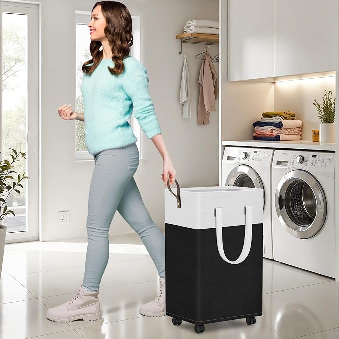 HomeHacks 75L Rolling Laundry Basket with 4 Wheels Collapsible Black | 4 Wheels, Waterproof PEVA Lining, Cotton Flax Fabric, Metal Frame, Bathroom Laundry Room Dorm Storage, Space-Saving Design