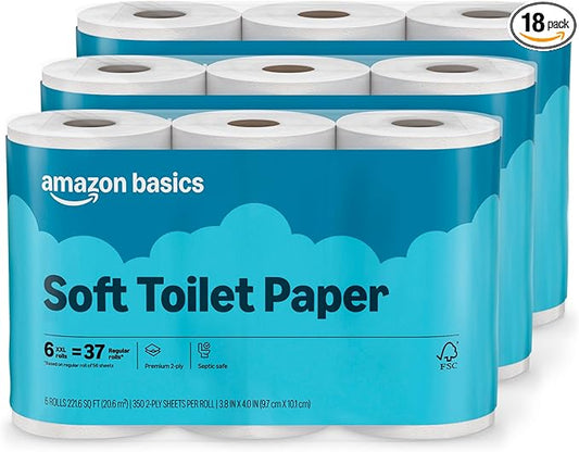 Amazon Basics 2-Ply Soft Toilet Paper, 18 Rolls | 3 Packs of 6 | 111 Regular Roll Equivalent
