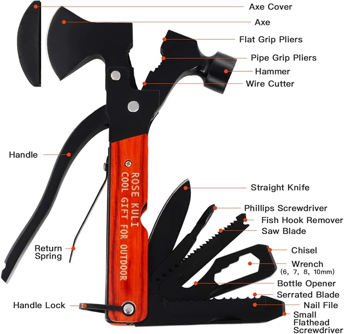 Camping Multitool Axe Hammer, 18 in 1 Multitool Hatchet | Mini Tools with Axe Hammer Plier Set Wooden Handle for Camping Hiking Outdoor Survival Gear Kit, Gift for Men Dad