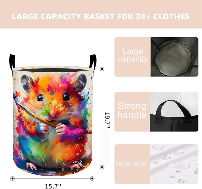 Colorful Artist Hamster Laundry Basket Hamper 19.7"x15.8", Organizer Bins Gifts for Kids Boys Girls, Animal Foldable Waterproof Oxford Clothes Storage Bucket for Bedroom Bathroom Decor