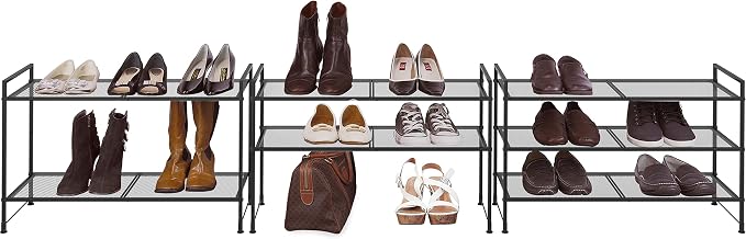 Simple Houseware 3-Tier Stackable Mesh Shoe Rack, Black | 9 Pairs of Shoes Storage Organizer for Closet, Entryway, Garage & Corridor