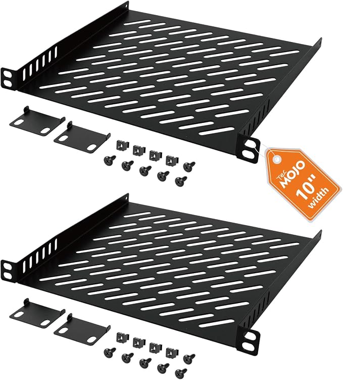 Tecmojo 2 Pack 0.5U Rack Mount Shelf for 10" Server Rack, 7.87" Deep Vented Cantilever Tray, Metal Shelf for Network Cabinet, Server Enclosure, Enhanced Airflow, Black