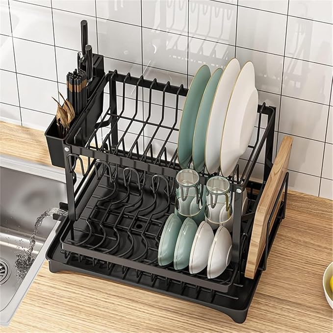 2 Tier Dish Drying Rack Stainless Steel with Auto Drainboard 360° Swivel Spout Large Capacity Kitchen Counter Organizer with Utensil Holder Cup Rack Knife Block Space Saving Black
