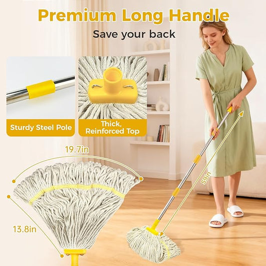 Indoor Mop with Strings for Floor Cleaning, Cotton Mops with 59” Long Handle Household String Mop for Hardwood Wood Tile Floors Cleaning,1 Mop Handle & 1 Cotton Mop Head