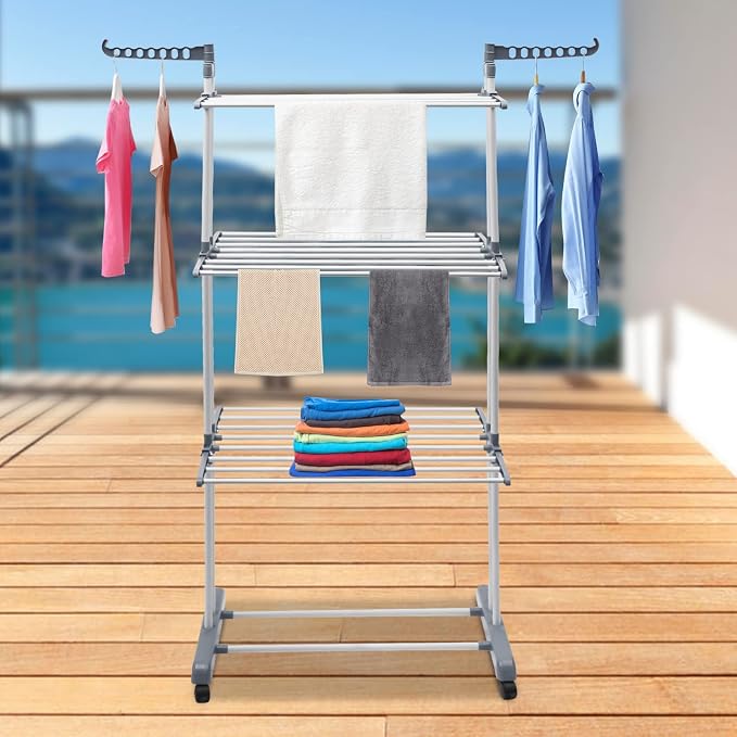 Clothes Drying Rack, 4 Tier Foldable Laundry Drying Rack, 67.72 inch Tall Movable Clothes Airer with Two Side Wings, Metal Clothes Rail for Bedrooms Lofts Balconies Patios Hallways Bathrooms