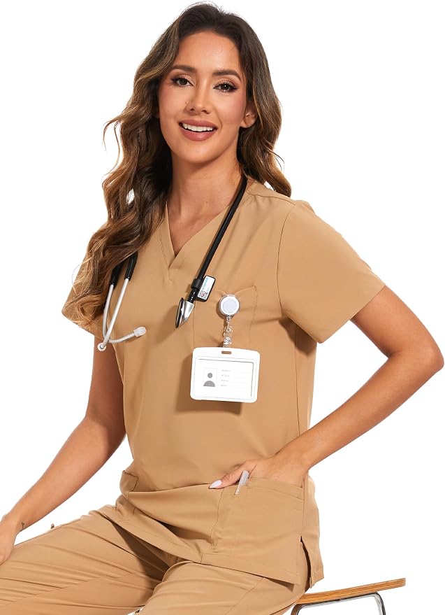 Scrubs Tops for Woman - Soft Stretch, V-Neck Tops | 3 Pockets, Side Split Design, Short Sleeve, Breathable & Lightweight Nursing Shirt, Easy-Care Fabric for All-Day Comfort