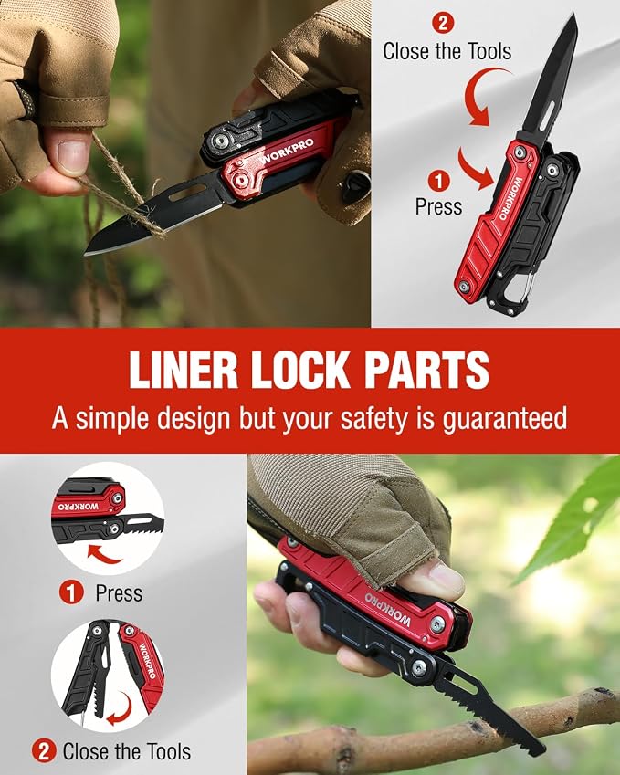WORKPRO 11 in 1 Multitool Pliers with Pocket Clip and Sheath | EDC Multi Tool Knives with Safety Lock-Pocket Knife with Screwdriver Saw Blade Wire Cutter and Bottle Opener-Red