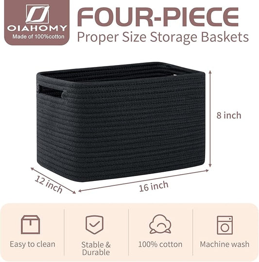 OIAHOMY 4 Pack Storage Baskets for Organizing, Cube Storage Bins for Shelves, Rectangle Storage Baskets With Handles, Woven Baskets for Storage, 16''Lx12''Wx8''H, Black