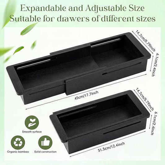 LemonRoad 1 Pcs Sliding Drawer Organizer Bin Bamboo Drawer Expandable Bins Utensil Organizer for Kitchen Spoons Forks Knives (Black)